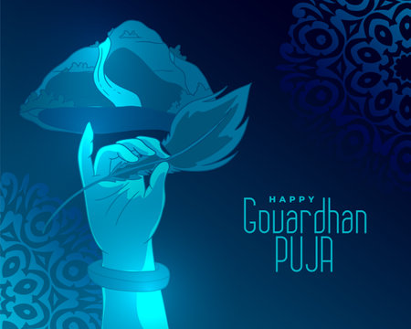 happy govardhan pooja greeting card with krishna hand lifting mountain vectorのイラスト素材