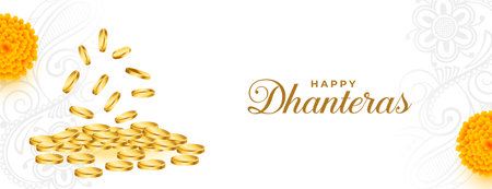 happy dhanteras greeting banner wit golden coin and flower design vectorのイラスト素材