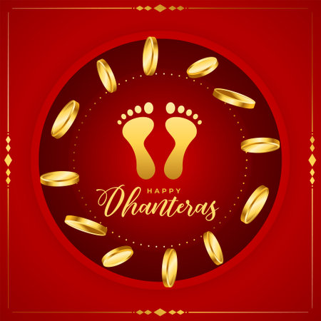 traditional happy dhanteras festive background with golden feet and coin vectorのイラスト素材
