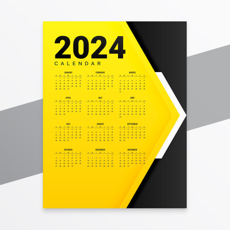 black and yellow 2024 english calendar layout for office stationery vectorのイラスト素材