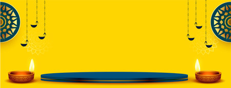 happy diwali yellow banner with 3d podium and oil lamp designのイラスト素材
