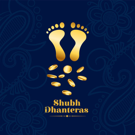 indian cultural shubh dhanteras wishes card with golden goddess charan and coin vectorのイラスト素材