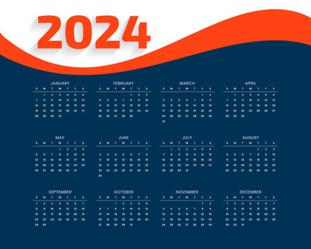 2024 new year english calendar template in wavy style vectorのイラスト素材