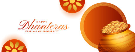 nice happy dhanteras holiday banner with kalasha and golden coin vectorのイラスト素材