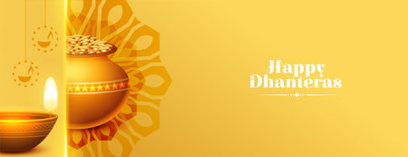 eye catching happy dhanteras event poster with glowing diya and coin kalasha vectorのイラスト素材