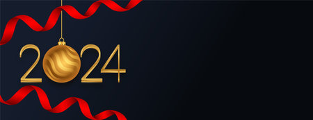 3d style 2024 golden lettering new year banner with ribbon decoration vectorのイラスト素材