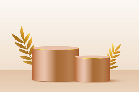 3d pedestal stand background for object showcase with golden leaves vectorのイラスト素材