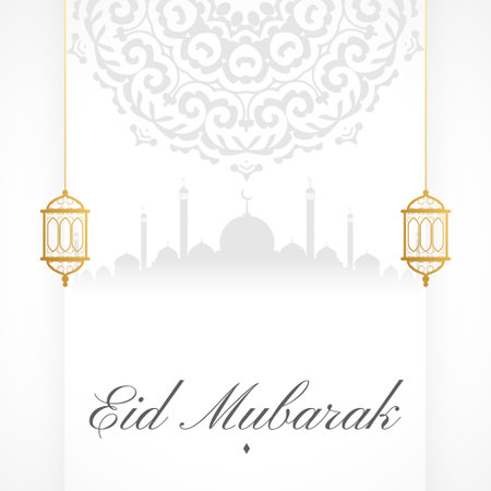 elegant eid mubarak greeting card with mosque and lantern design vectorのイラスト素材