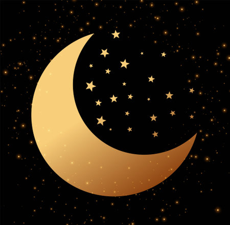 natural golden crescent moon and stars dark background vectorのイラスト素材