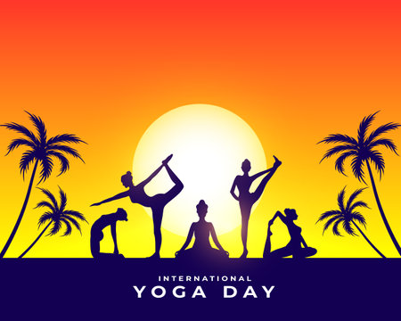 2024 yoga day morning poster, group of woman doing yoga body posture vectorのイラスト素材
