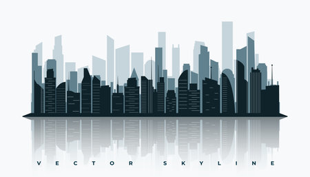 urban skyline city building silhouette with reflection effect vectorのイラスト素材