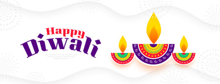 happy diwali greeting white banner with artistic diya design vectorのイラスト素材