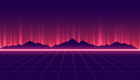 glowing 80s retro sci-fi geometric background with mountain design vectorのイラスト素材