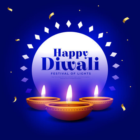 glowing diwali diya blue background with golden confetti decor vectorのイラスト素材