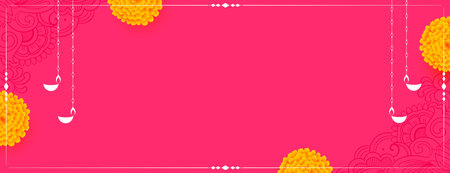hanging diwali diya pink banner with text space and floral vectorのイラスト素材