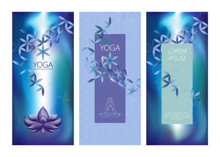 Set of three abstract floral concepts with lotus and flowers. Colored postcards with a blurred background. Template for invitations, banners. Isolated vector illustration.のイラスト素材