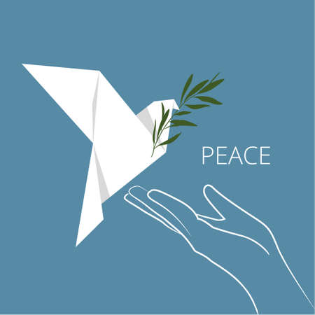 A white dove of peace with an olive branch flies into the palm of your hand. A symbol of peace. origami.のイラスト素材