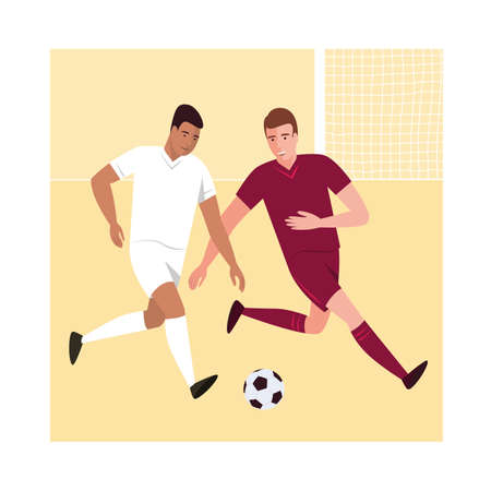 Two players from different teams during the match play the ball on the field near the football goal.のイラスト素材