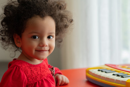 Portrait of cute little latin american girl with curly hairの写真素材