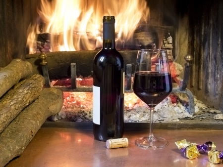 celebrate with a glass of wine, a bottle, in front of a fireplaceの写真素材