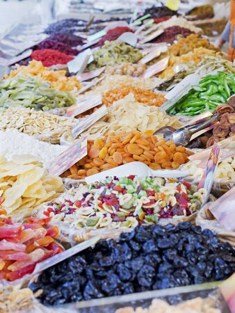 exhibition and sale of colored dried fruit の写真素材