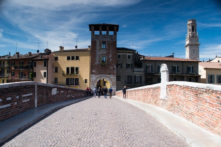 april 26 2012 Verona, italy tyrol view of the river from the Roman stone bridgeのeditorial素材