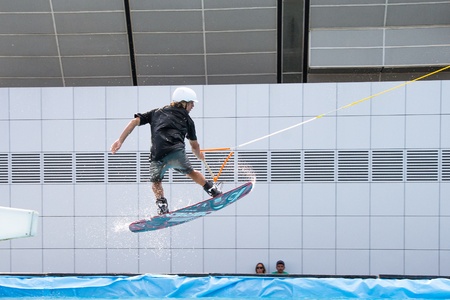 bologna,Italy-June 15,2013  the evolution of a guy who makes wakeboarding in a pool during a...