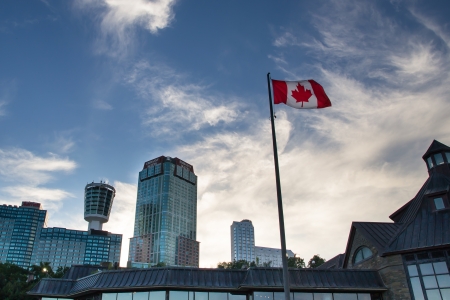 Niagara,Ontario, Canada - august  10, 2013  View of Casino and various Hotels in the canadian side with canadian flag in a daylightのeditorial素材