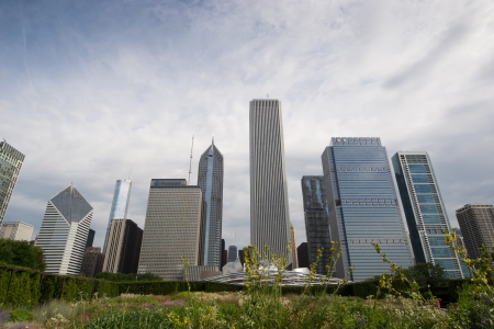 Chicago,USA-august 12,2013 millenium park in Chigago in a sunny day with chicago skyline on backgroundのeditorial素材
