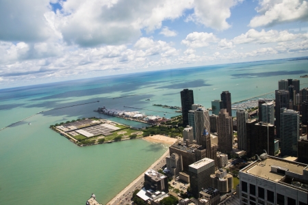 aerial view of lake michigan and chicago on a sunny day from John Hancock Centerのeditorial素材