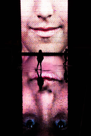 a silhouette of a girl in front of the crown fountain at nightの写真素材