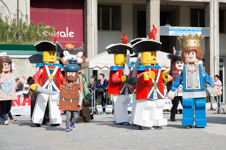 san Giovanni in persiceto,Bologna,Italy-march 9,2014 people dressed as characters from Lego celebrate the Carnival in a sunny day and festivityのeditorial素材
