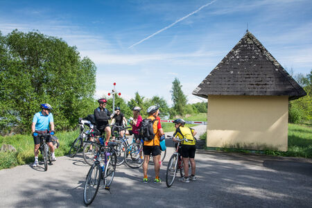 wachau Valley, Austria- May 9,2014 - group of cyclists is resting at cycle path near danube river in Austria during a sunny dayのeditorial素材