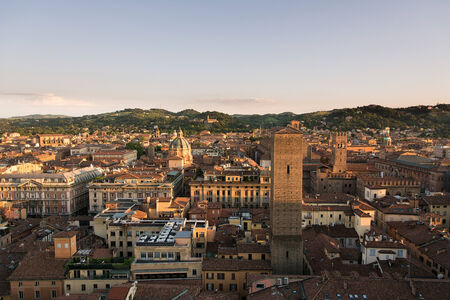Bologna,Italy-May 17,2014:panorama of Bologna view from the famous "Prendiparte" tower located in the centre of the city.You can see the the red and old houses and tower of the city.の写真素材