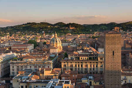 Bologna,Italy-May 17,2014:panorama of Bologna view from the famous "Prendiparte" tower located in the centre of the city.You can see the the red and old houses and tower of the city.の写真素材
