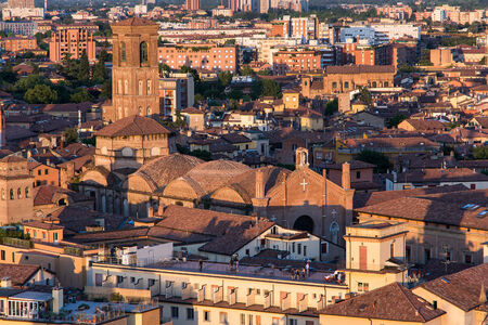 Bologna,Italy-May 17,2014:panorama of Bologna view from the famous "Prendiparte" tower located in the centre of the city.You can see the the red and old houses and tower of the city.のeditorial素材