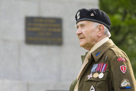 Mauthausen, Austria-May 10.2015: an examerican soldier  tells her story in the Mauthausen camp where he was imprisoned more than seventy years ago during the celebration of the anniversary of the liberation of the camp.のeditorial素材
