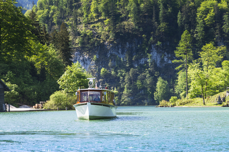 Berchtesgaden,germany-May 11,2015:view of the nautical vessel on Bavarian lake in the Konigssee peninsula in Germany during a sunny day.のeditorial素材