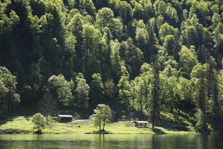 Berchtesgaden,germany-May 11,2015:landscape on Bavarian lake in the Konigssee peninsula in Germany during a sunny day.の写真素材