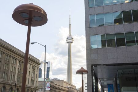 Toronto,Canada-august 1,2015:view of the CNN towers in Toronto during a sunny day from une of the central street of the city.のeditorial素材
