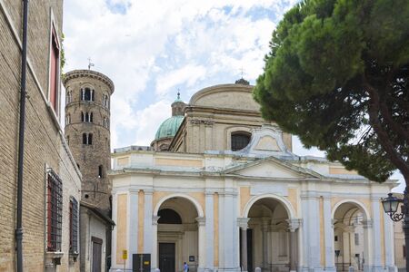 Ravenna,Italy-august 21,2015:front view of the particular of the San Apollinare church in Ravenna-Italy,during a cloudy day .のeditorial素材