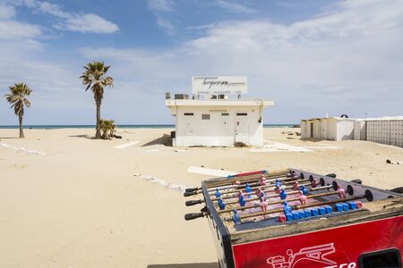 Rimini,Italy-April 17,2015:a solitary table football on the beach in Rimini-Italy during a sunny day.のeditorial素材
