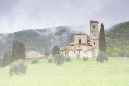 Pienza,Italy-April 24,2016:View of the famous church on saint Antimo in the Tuscany countriside during a cloudy day.のeditorial素材
