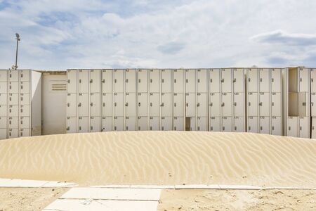 Rimini,Italy-April 17,2015:bathhouse after this season on the beach in Rimini-Italy during a sunny day.のeditorial素材