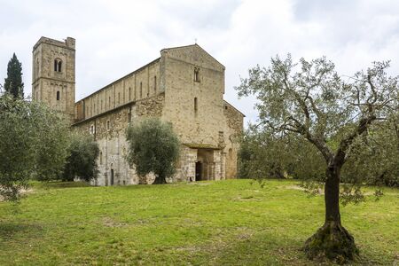 Pienza,Italy-April 24,2016:View of the famous church on saint Antimo in the Tuscany countriside during a cloudy day.のeditorial素材