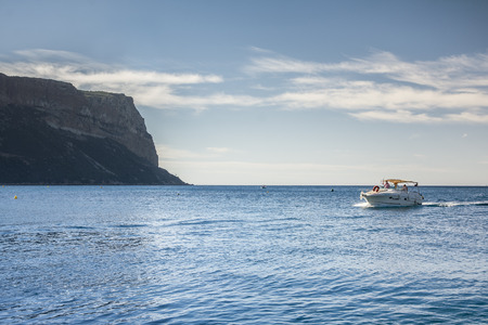 Cassis,France-august 10,2016:Motorboat in the sea near cassis in the national park of calanchi, France, during a sunny dayのeditorial素材