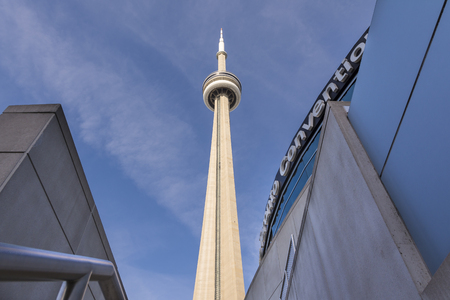 Toronto,Canada-august 2,2015:Suggestive view of the cn tower in downtown Toronto during a sunny day