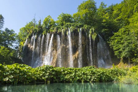 waterfall anf tree in the national park of plitvice lakes in croatia on a sunny dayの写真素材