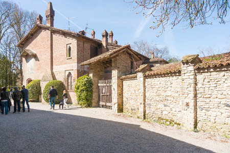 Piacenza,Italy-April 2,2018:Historical village in Grazzano Visconti,neo-gothic village near Piacenza, Italy during a sunny dayのeditorial素材