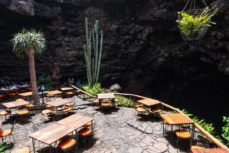 Lanzarote, Spain - August 6,2018: Restaurant inside the volcanic cave called Jameos de Agua created by the artist C? ? sar Manrique.のeditorial素材